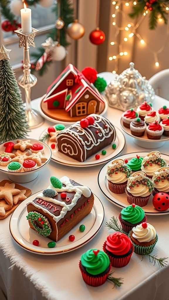 Delicious Christmas Dessert Ideas A beautifully arranged table with various Christmas desserts including gingerbread cookies, chocolate yule log, and red velvet cupcakes.